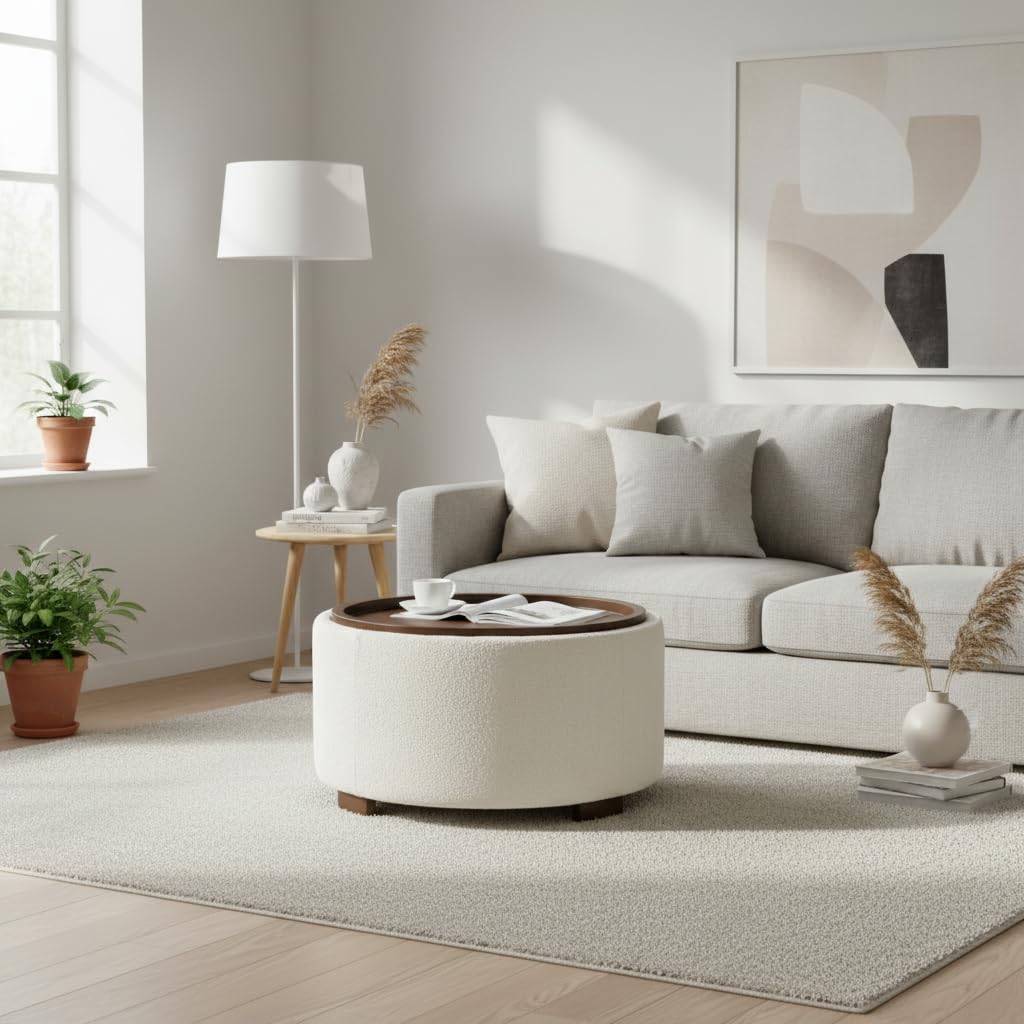 30 Inch Round Boucle Storage Ottoman N75558