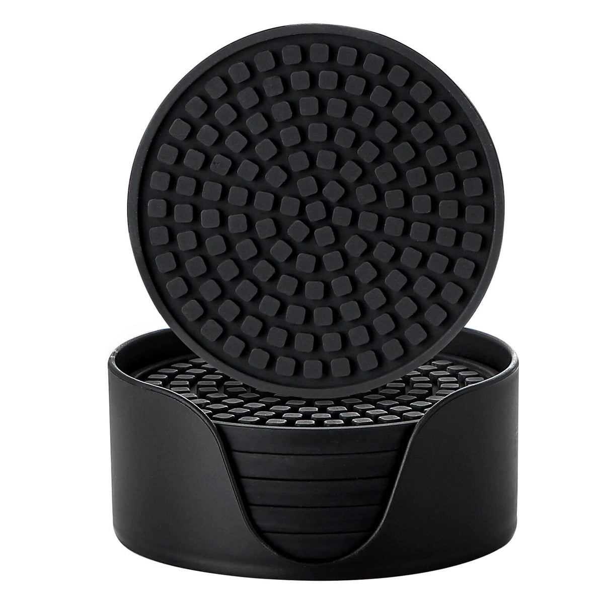 Silicone Drink Coasters with Holder, Set of 6, Black C224809