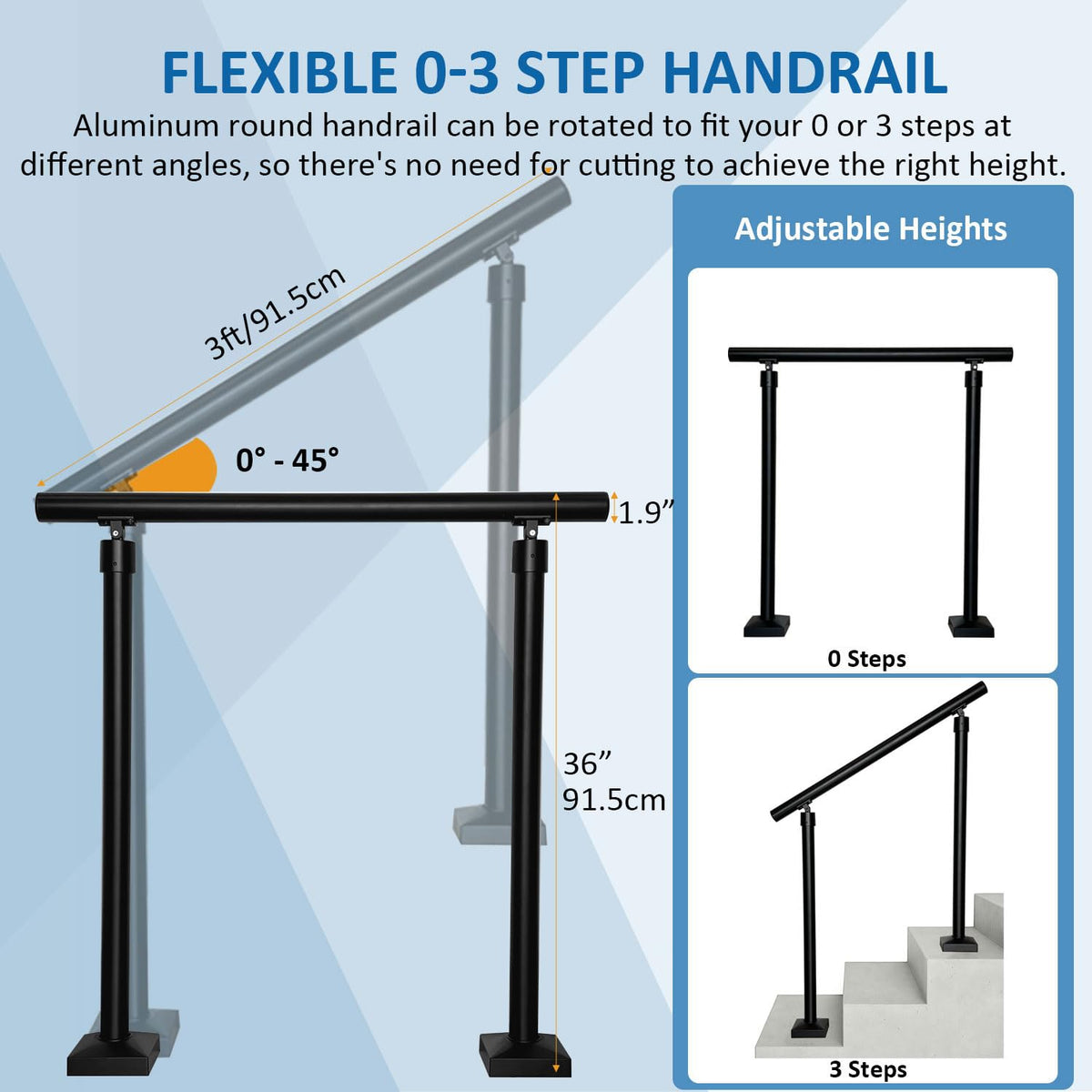 Aluminum Round Handrail for Steps & Stairs, 3ft W88015