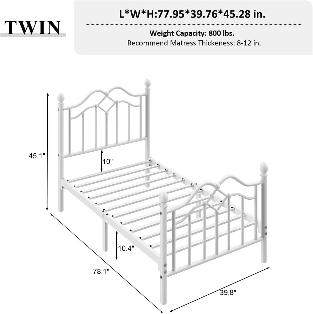 White Twin Metal Bed Frame with Headboard and Footboard V5316