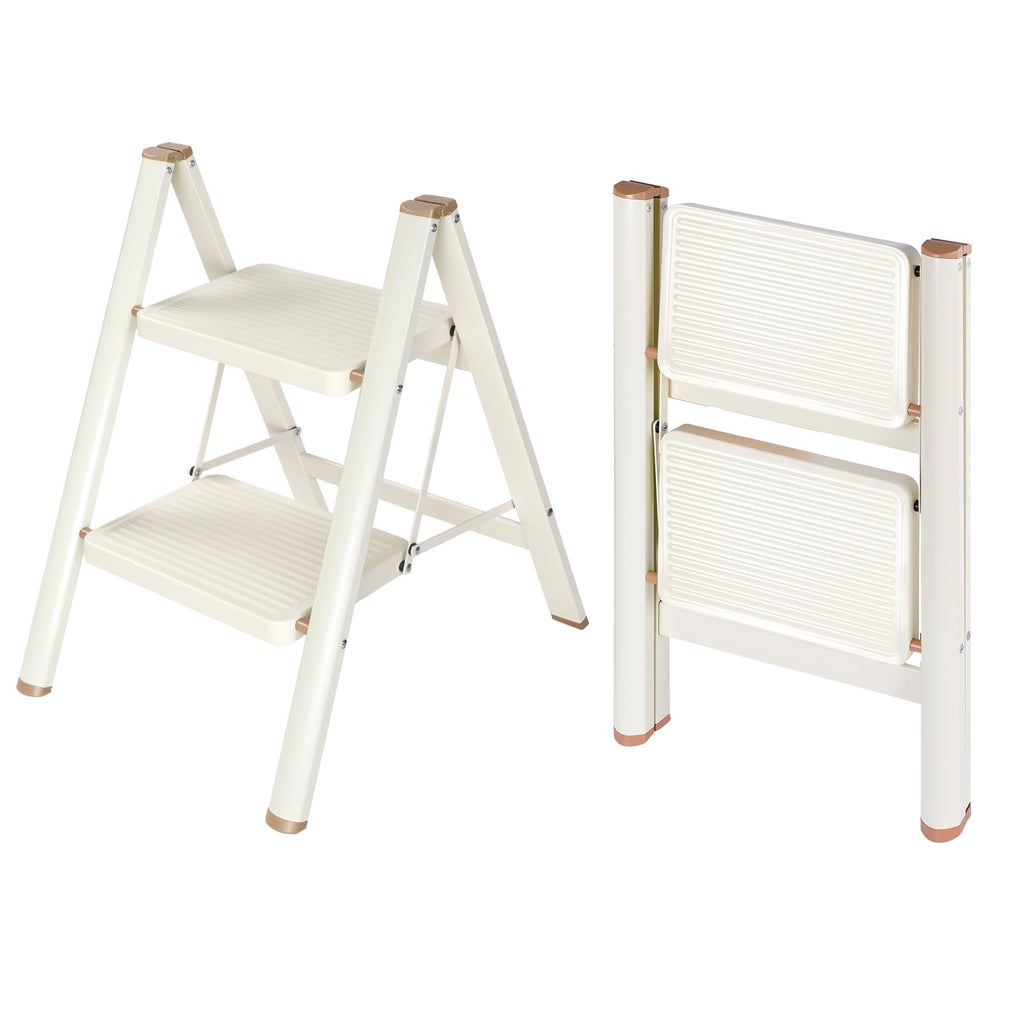 2 Step Ladder Folding Step Stool with Anti-Slip Pedal 330LBS Capacity Cream White B30000