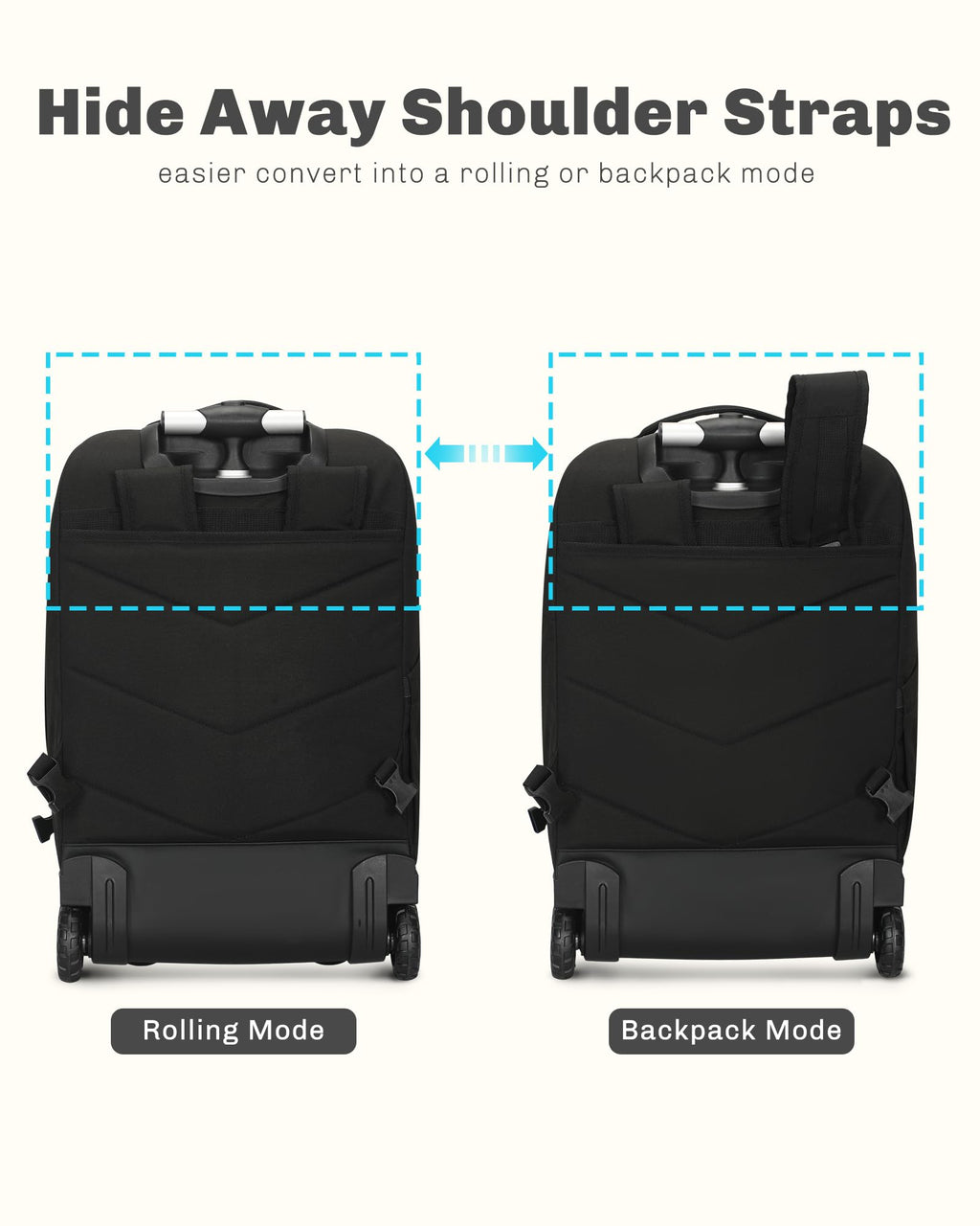 Rolling Backpack with Wheels 43L 17 inches Laptop Jet Black 6PC Packing Cubes Q551