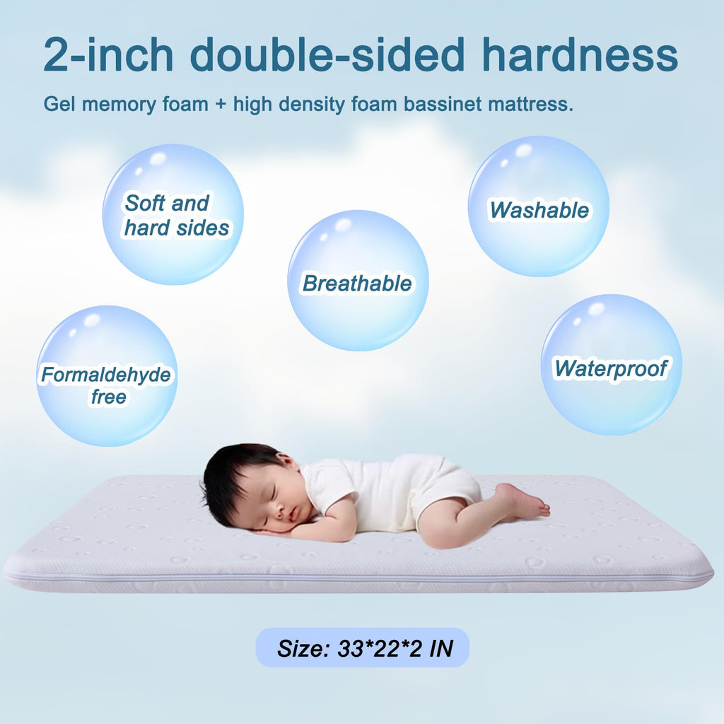 Baby Bassinet Mattress, 42" x 24" x 2" Dual Sided Gel Memory Foam with Removable Cover Y643624