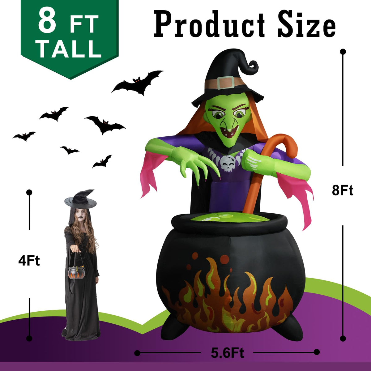 8Ft Tall Halloween Inflatable Witch Cauldron with 4 Led Lights I5096