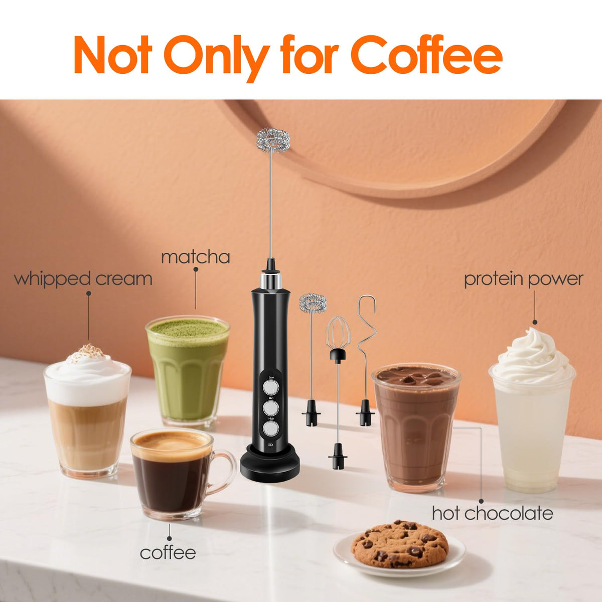 Rechargeable Handheld Milk Frother with 3 Stainless Steel Whisks E80581