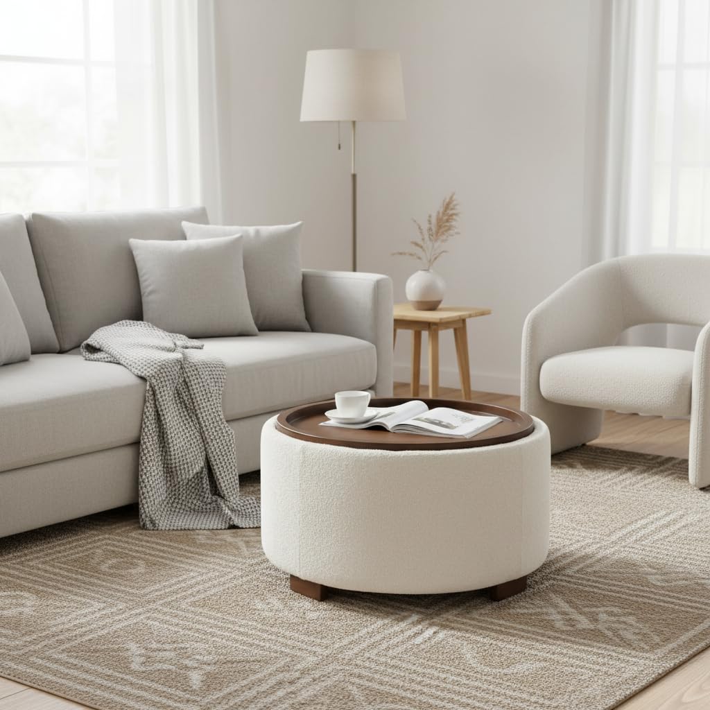 30 Inch Round Boucle Storage Ottoman N75558
