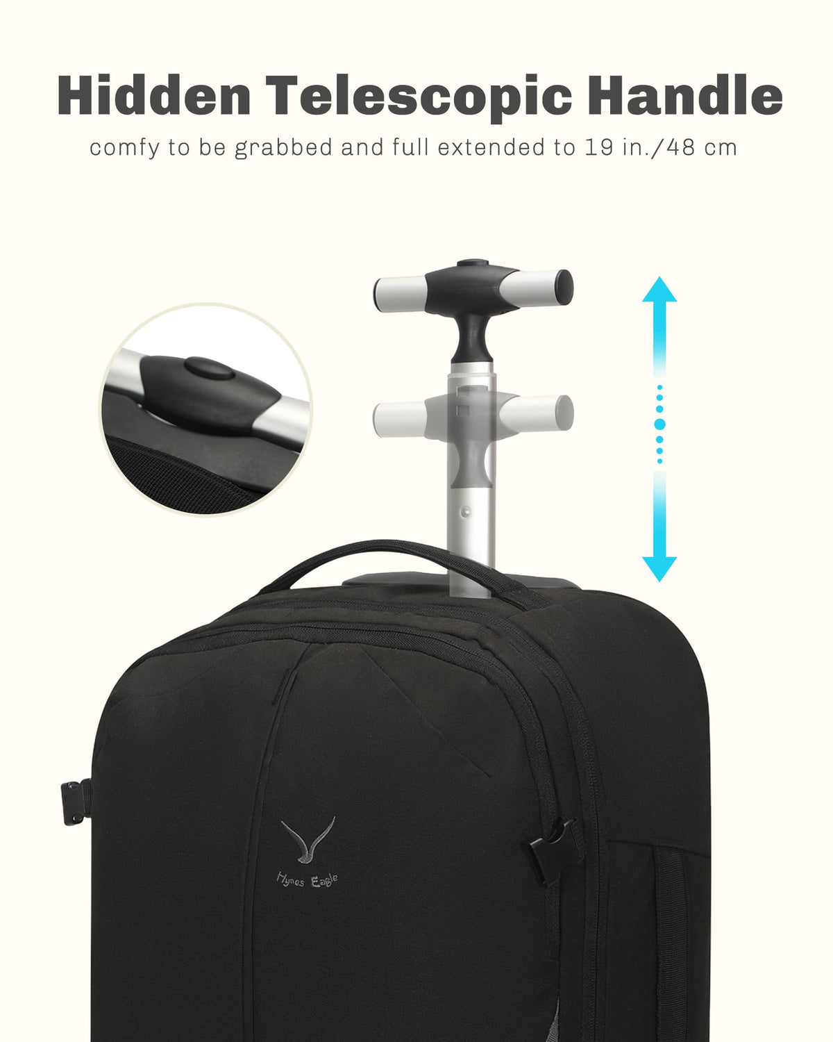 Rolling Backpack with Wheels 43L 17 inches Laptop Jet Black 6PC Packing Cubes Q551