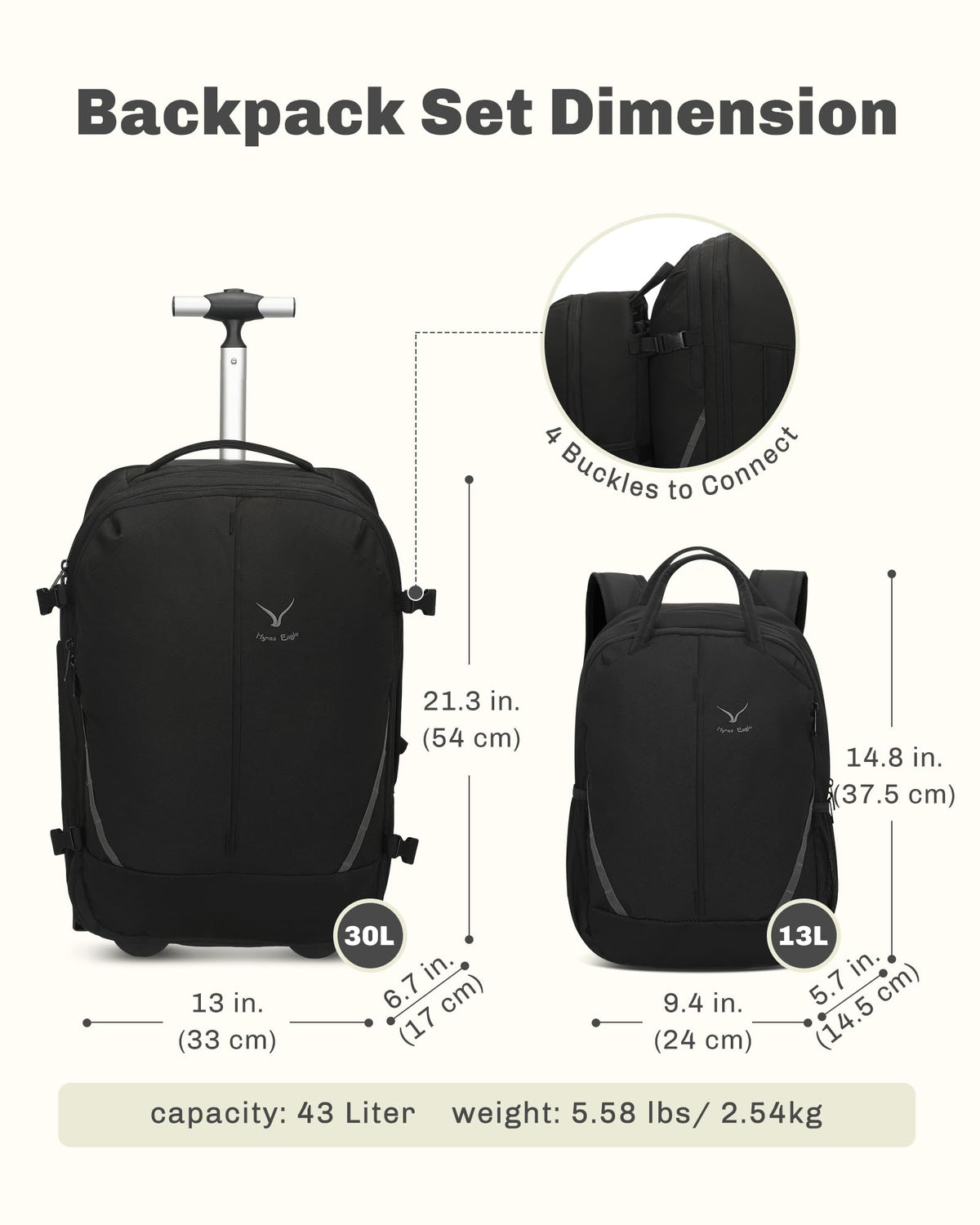 Rolling Backpack with Wheels 43L 17 inches Laptop Jet Black 6PC Packing Cubes Q551