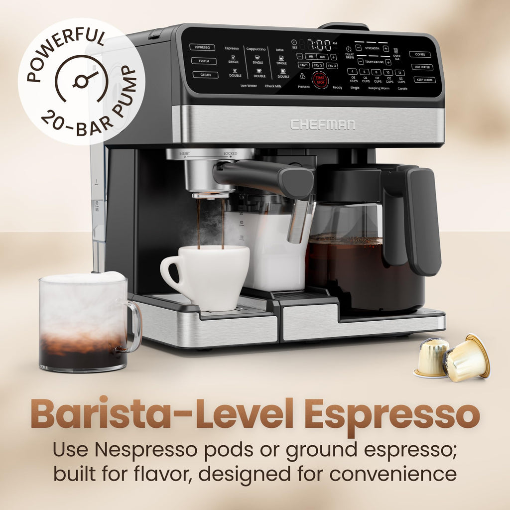 8-in-1 Espresso Machine with Milk Frother, 12-Cup Carafe, Black T2743