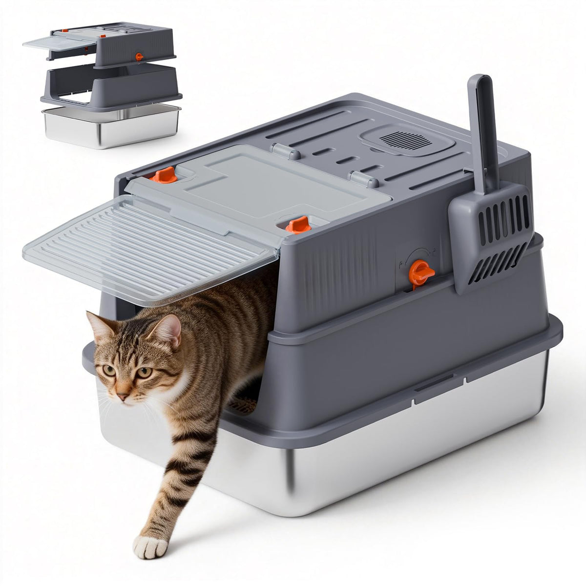 Stainless Steel Covered Cat Litter Box with High Sides T2972