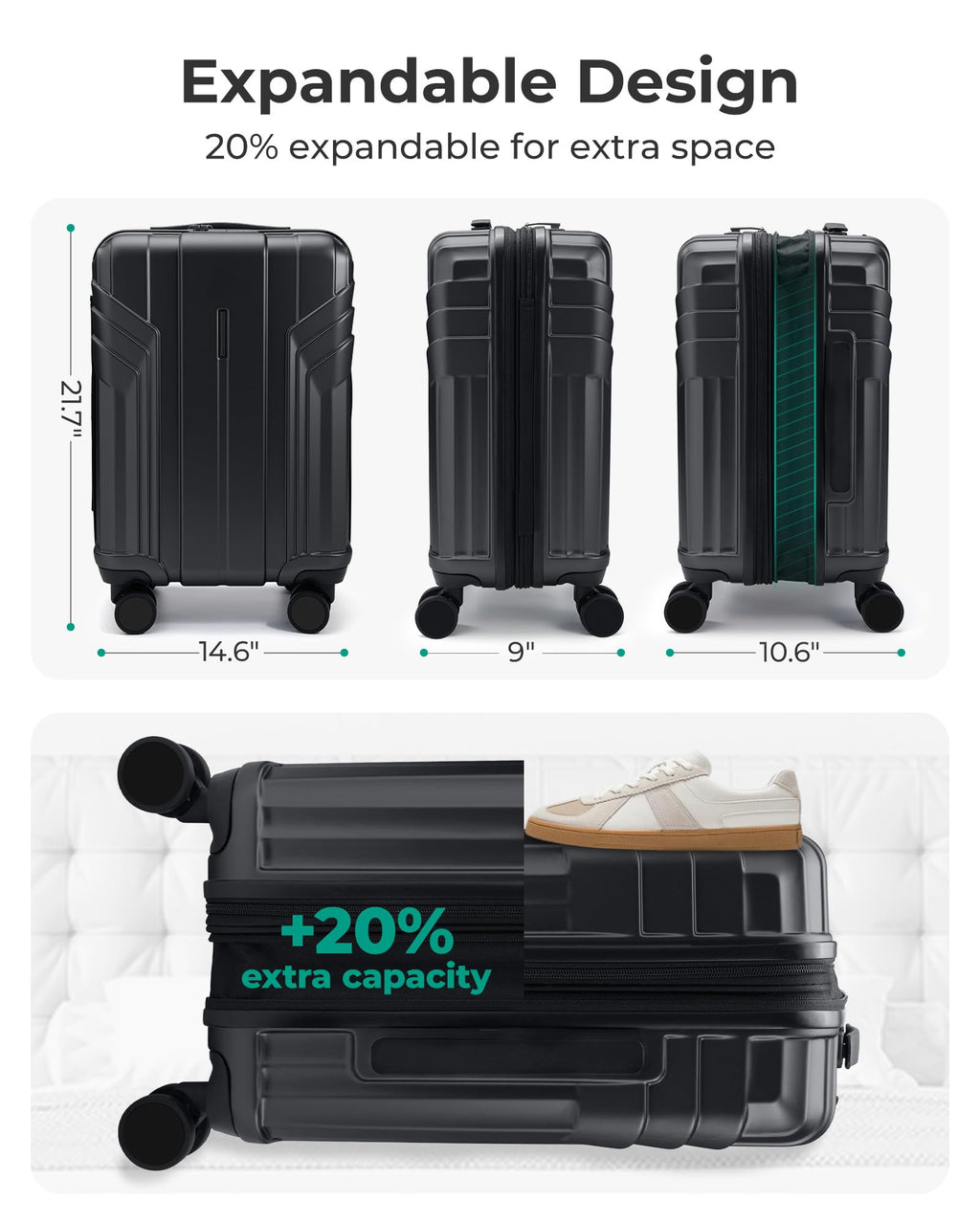 Expandable Carry On Luggage 22x14x9 Black X91111