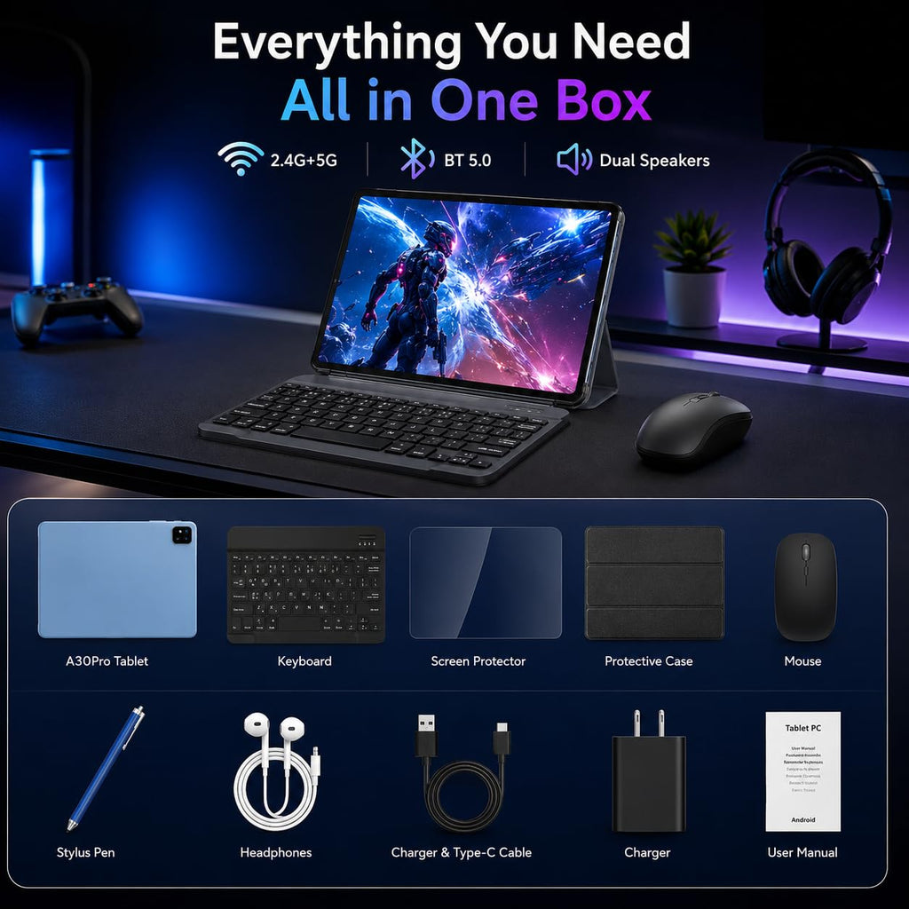Black 10.1 inch Android 16 Tablet with Keyboard N913216