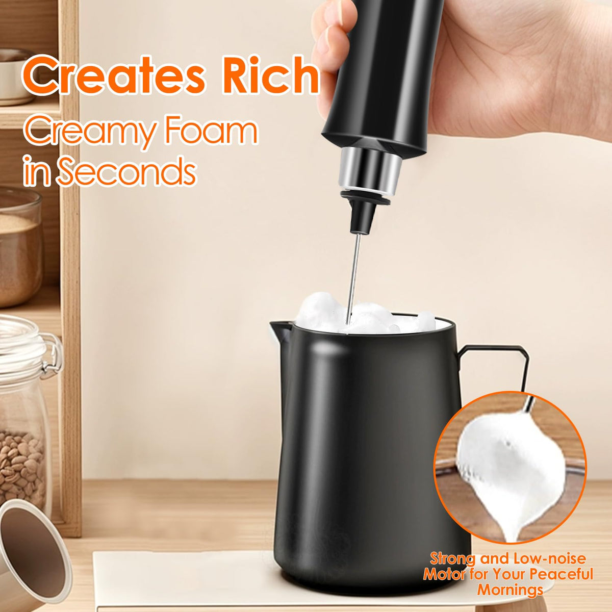 Rechargeable Handheld Milk Frother with 3 Stainless Steel Whisks E80581