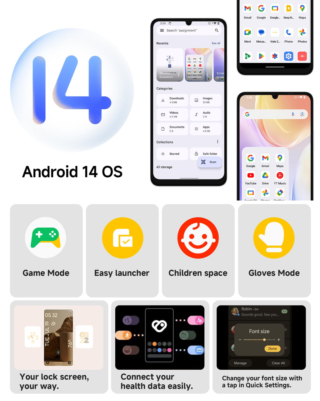 Unlocked Smartphone 8GB+128GB 6.75" 90Hz Android 14 50MP Camera 6000mAh White I244006