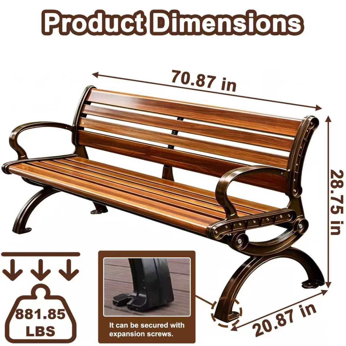 70" Aluminum Alloy Outdoor Bench with Armrest F91349