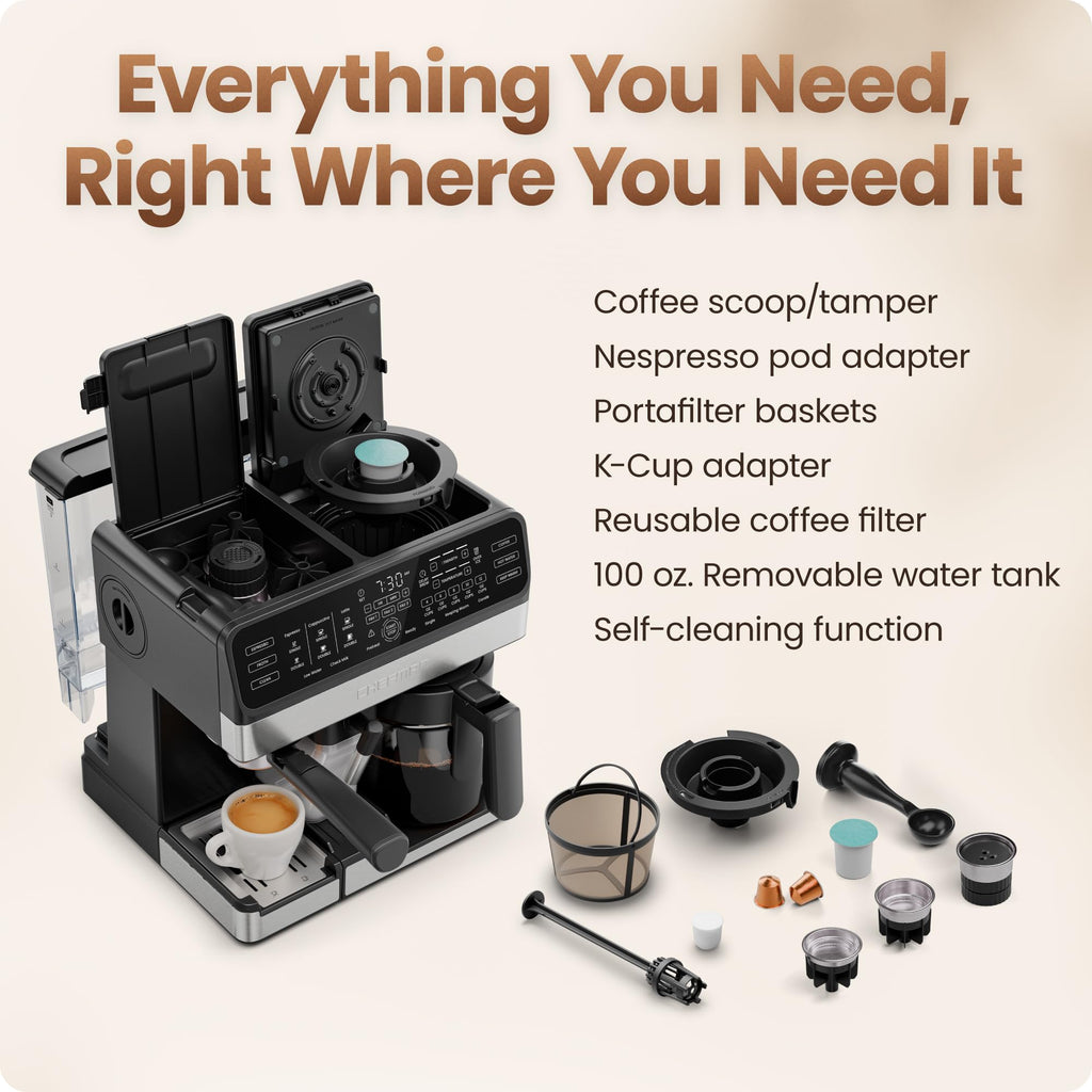 8-in-1 Espresso Machine with Milk Frother, 12-Cup Carafe, Black T2743