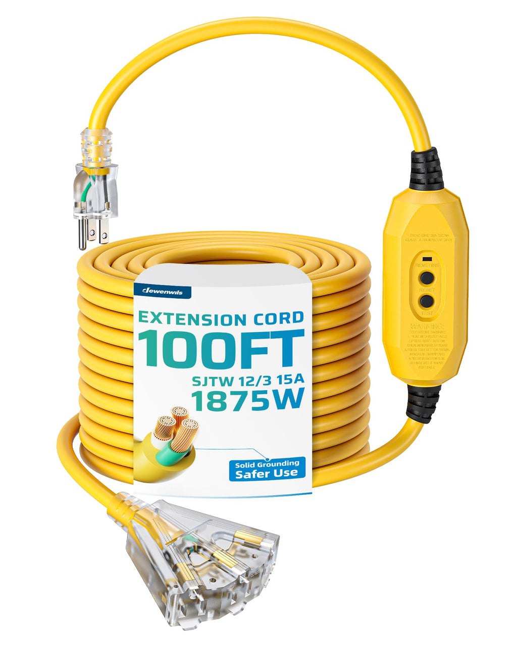 100FT GFCI Extension Cord 3 Prong Plug 12/3 AWG SJTW H365