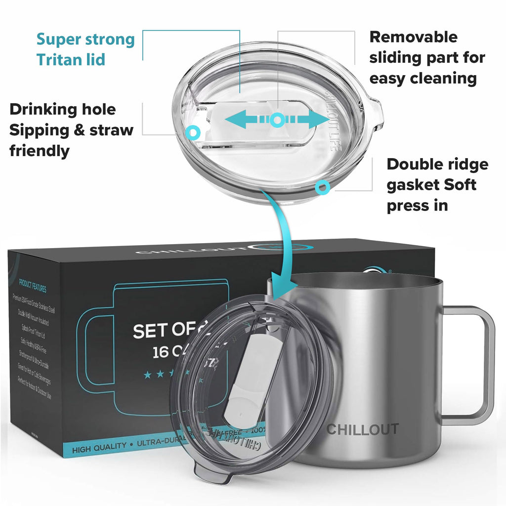 Stainless Steel Vacuum Insulated Coffee Mug 16 oz Set of 2 with Handle and Lid T765202