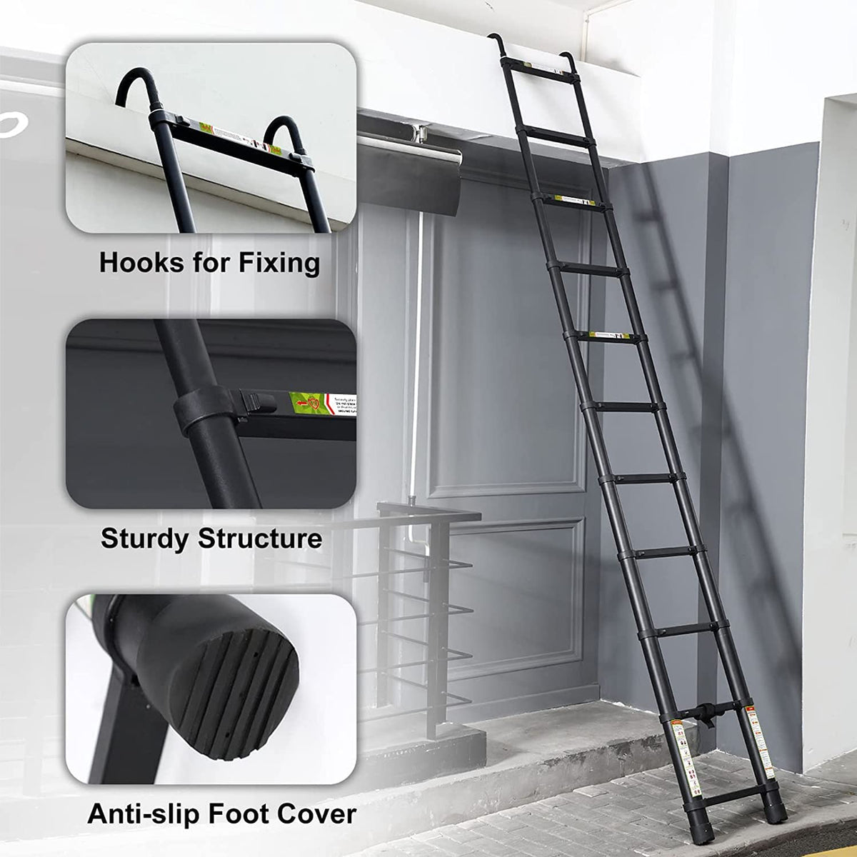 Black 20.3FT Aluminum Telescoping Ladder 330lbs Capacity T166266