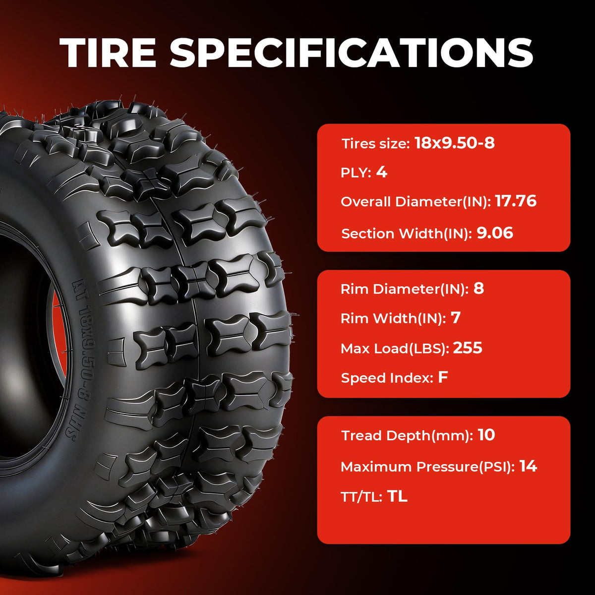 Set of 2 18x9.5-8 Tubeless All-Terrain Tires L305717