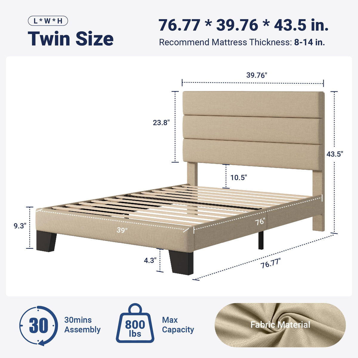 Twin Size Fabric Upholstered Platform Bed Frame B338328