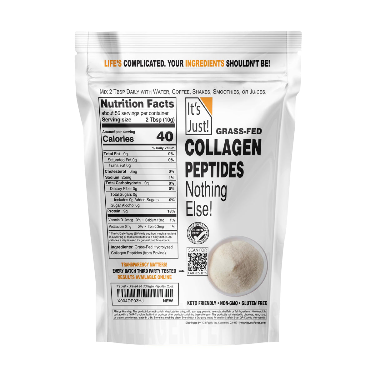 Collagen Peptide Grass-Fed Protein Powder Unflavored 20oz H917365