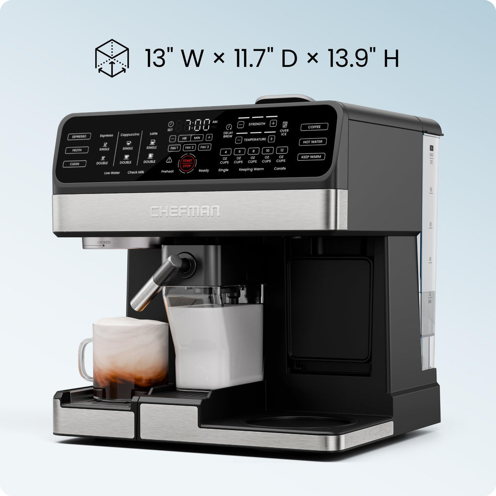 8-in-1 Espresso Machine with Milk Frother, 12-Cup Carafe, Black T2743