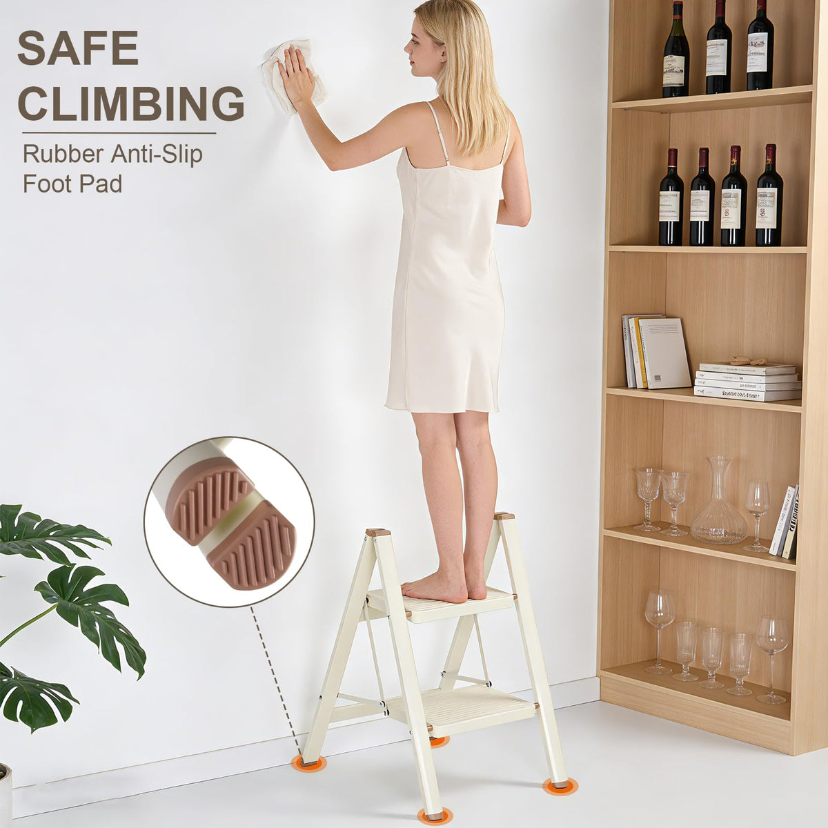 2 Step Ladder Folding Step Stool with Anti-Slip Pedal 330LBS Capacity Cream White B30000