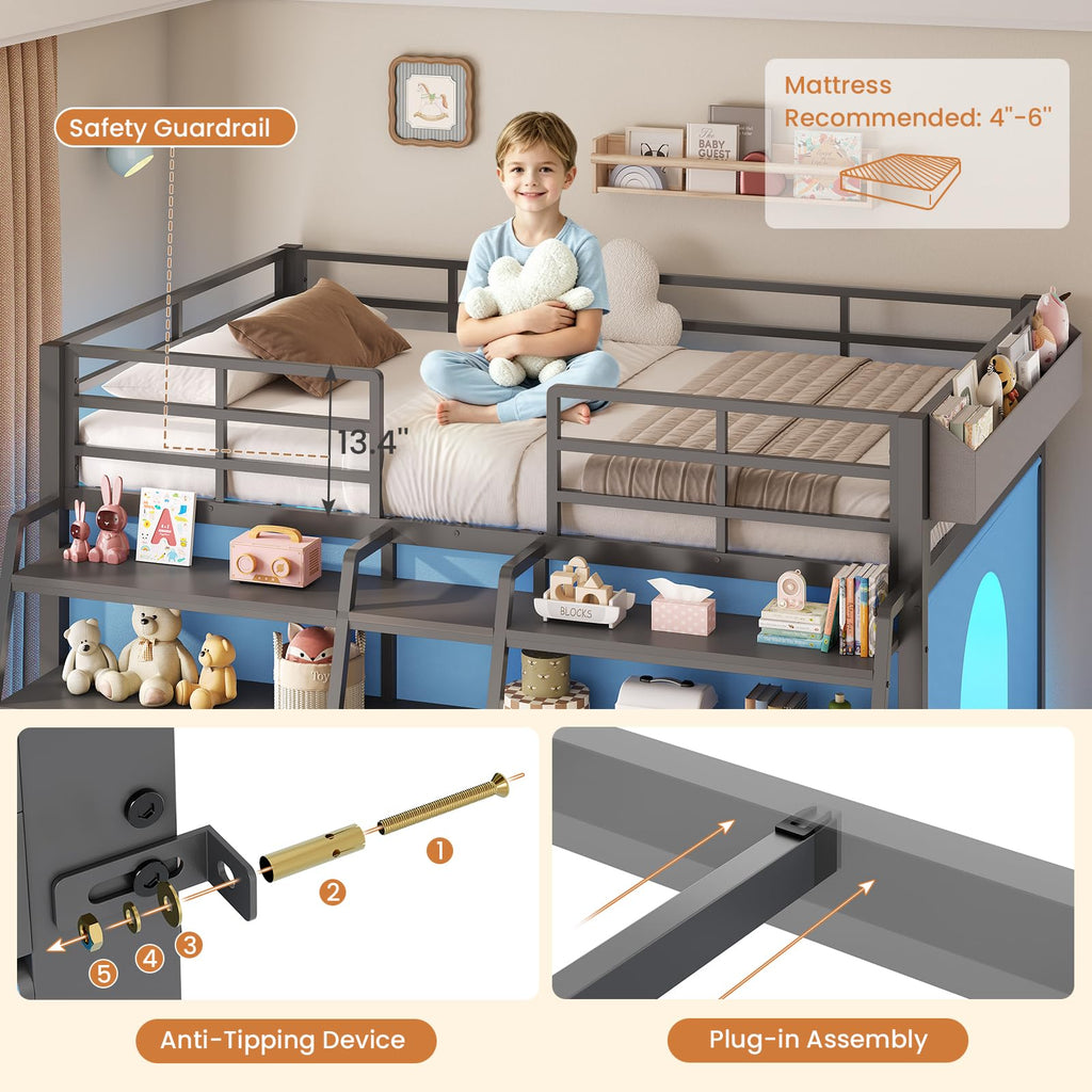 Twin Size Grey Low Loft Bed with 5 Drawers C563