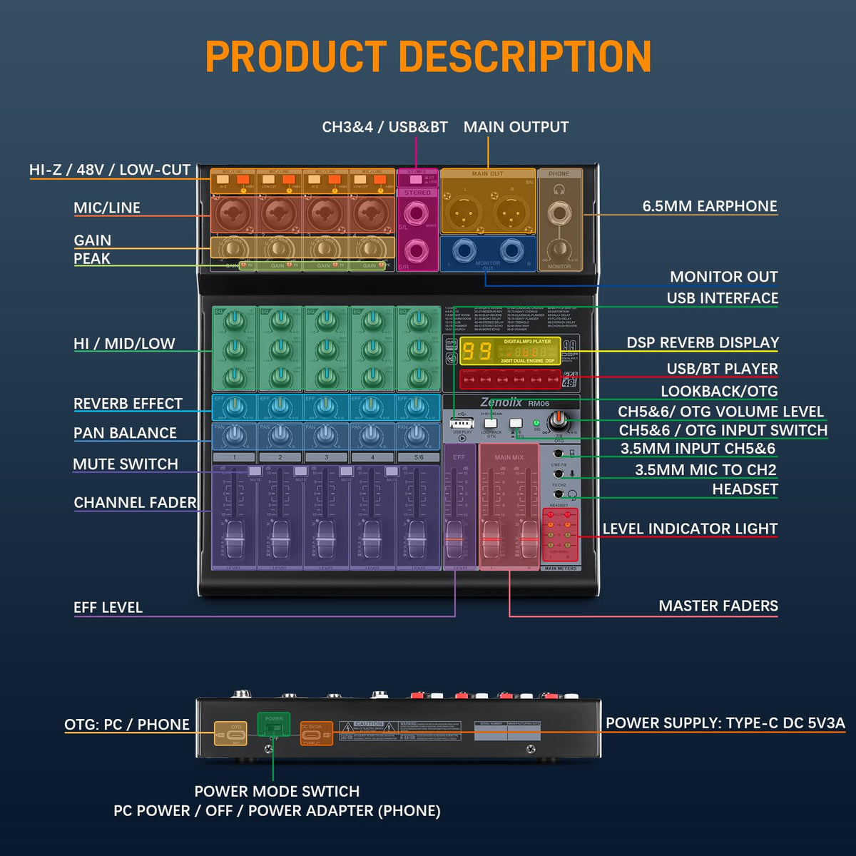 6 Channel Bluetooth Audio Mixer with 2 XLR Inputs T3453