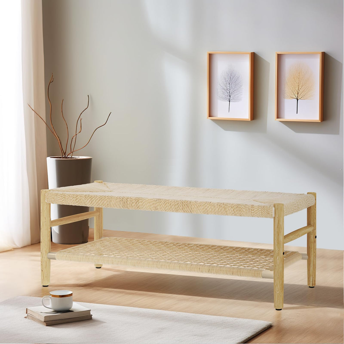 Indoor Entryway Bench with Storage Rack and Rubber Wood Legs J420500