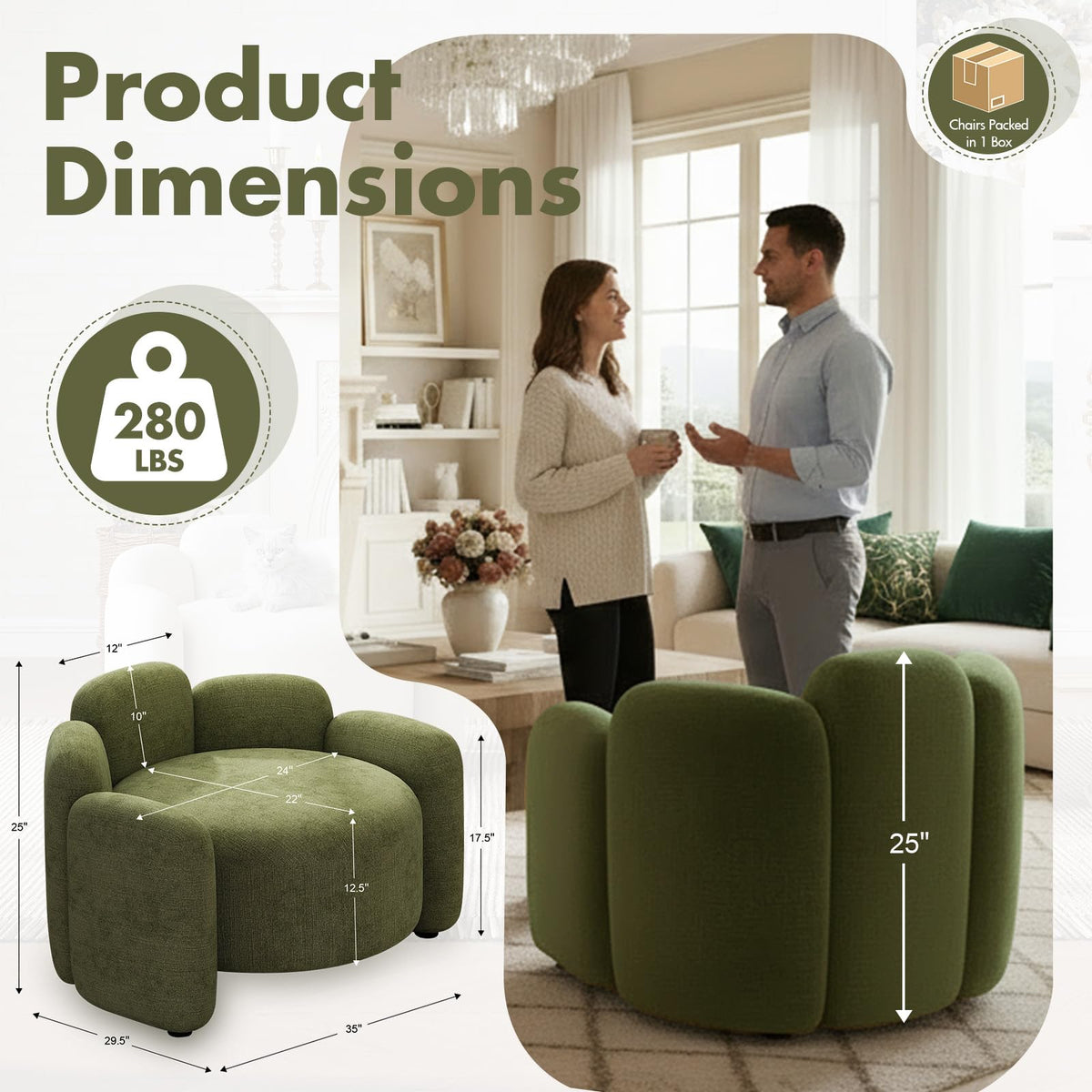 Green Set of 2 Upholstered Barrel Accent Chairs with Solid Wood Base Y706