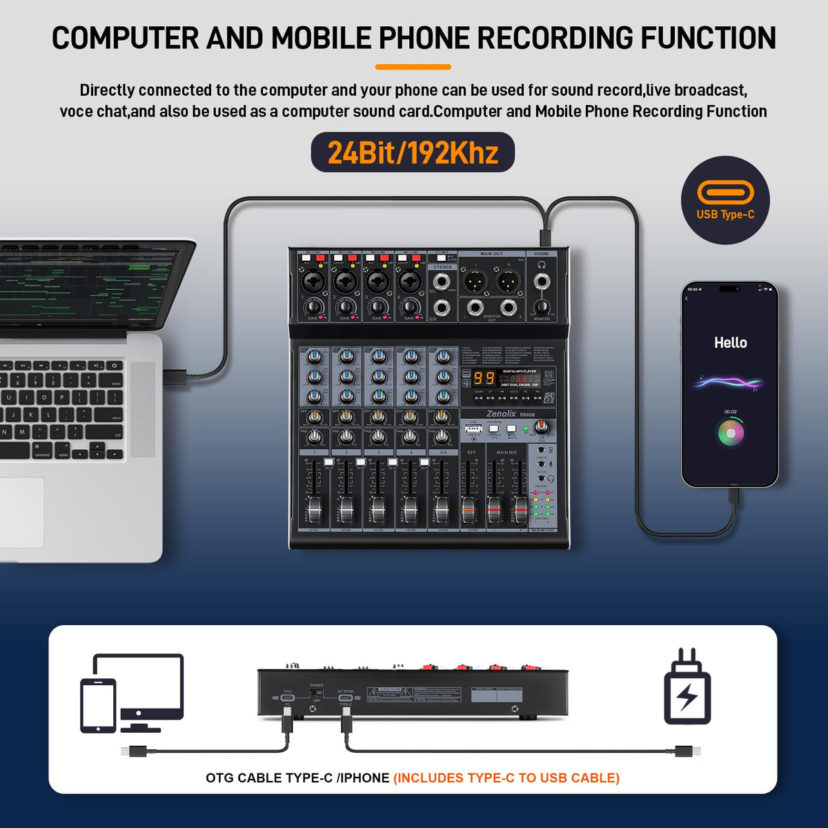 6 Channel Bluetooth Audio Mixer with 2 XLR Inputs T3453
