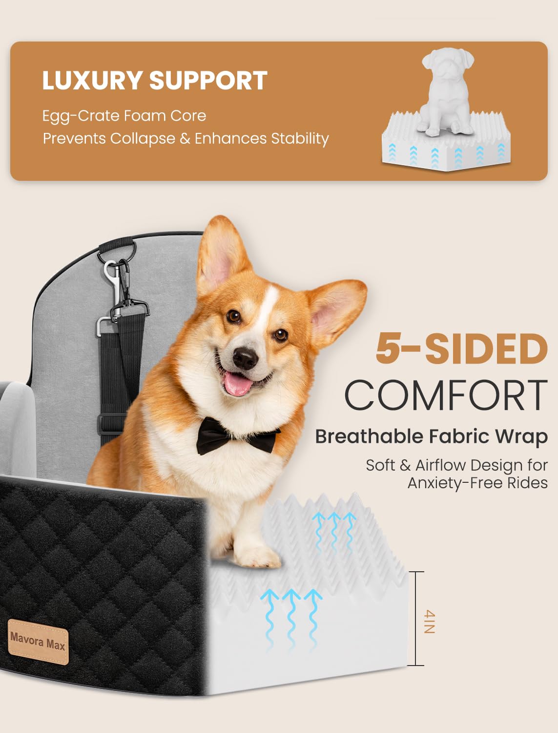 Dog Car Seat for Small/Medium Dogs up to 35lbs, Memory Foam, Grey I1294