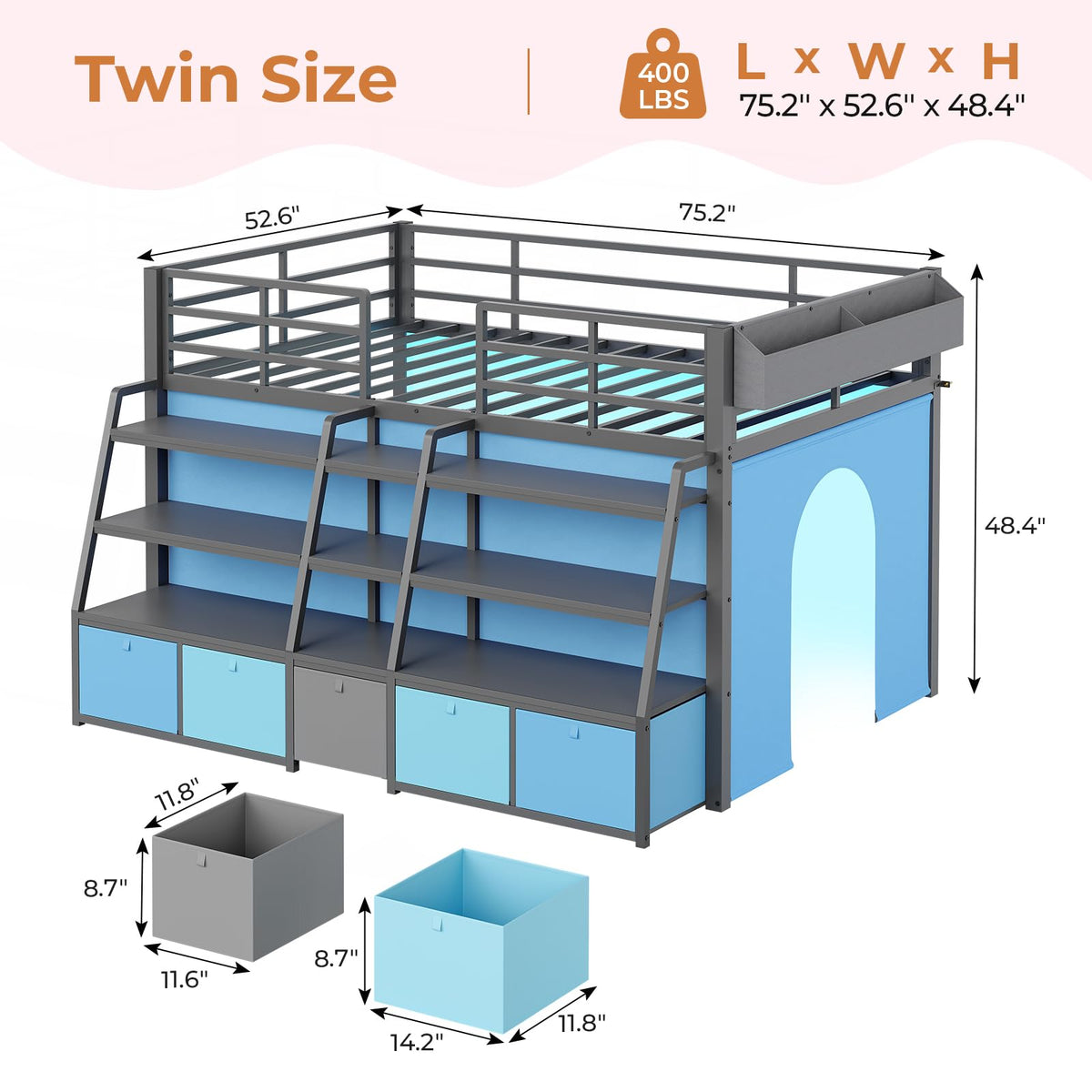 Twin Size Grey Low Loft Bed with 5 Drawers C563