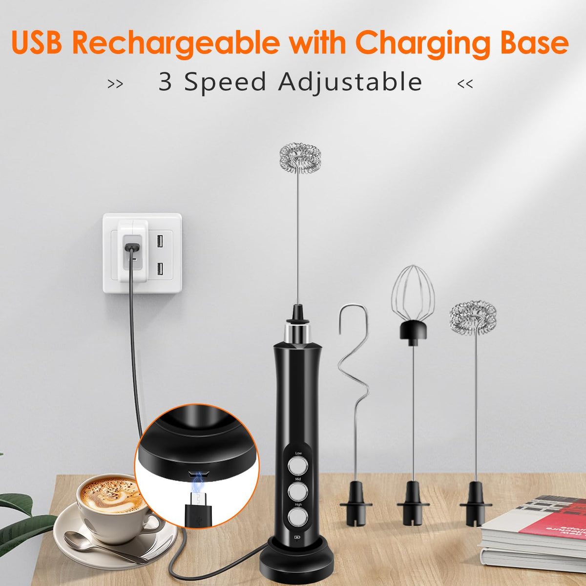 Rechargeable Handheld Milk Frother with 3 Stainless Steel Whisks E80581
