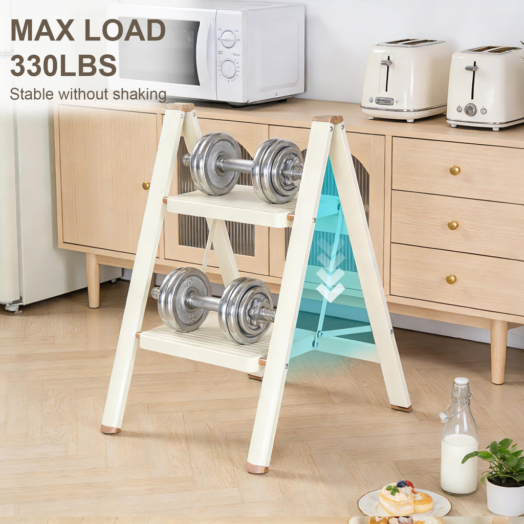 2 Step Ladder Folding Step Stool with Anti-Slip Pedal 330LBS Capacity Cream White B30000
