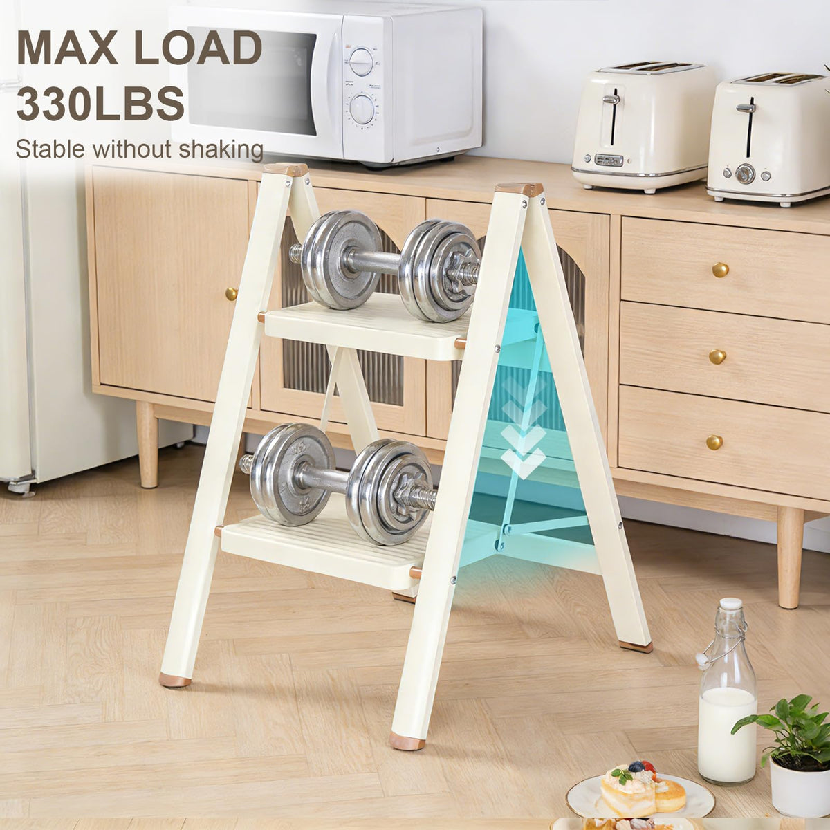 2 Step Ladder Folding Step Stool with Anti-Slip Pedal 330LBS Capacity Cream White B30000