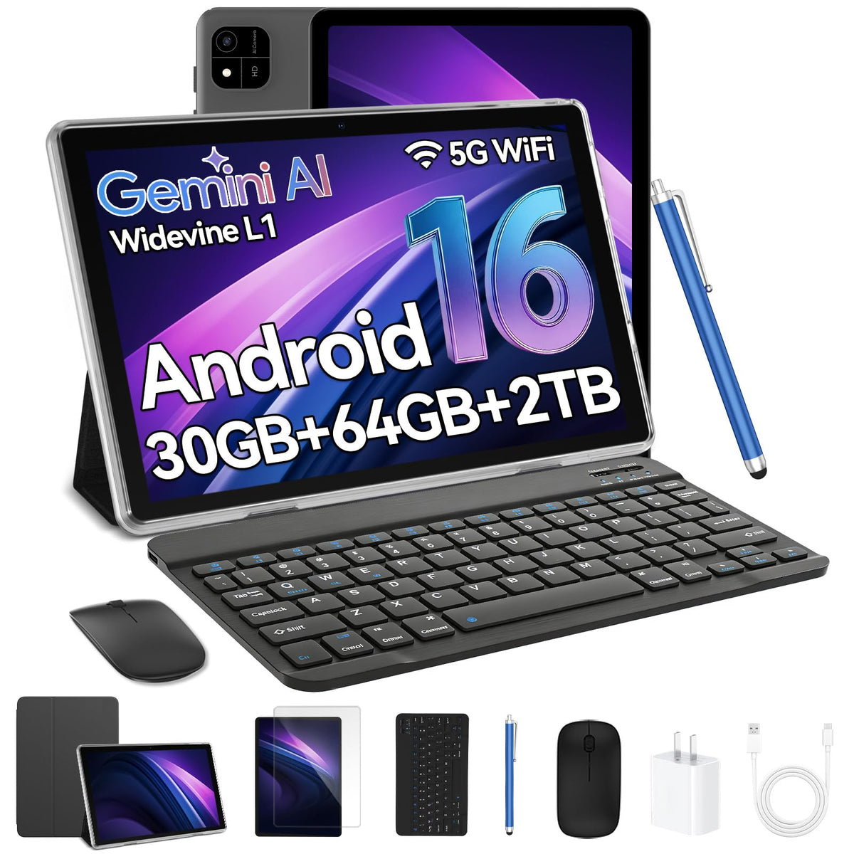 Black 10.1 inch Android 16 Tablet with Keyboard N913216