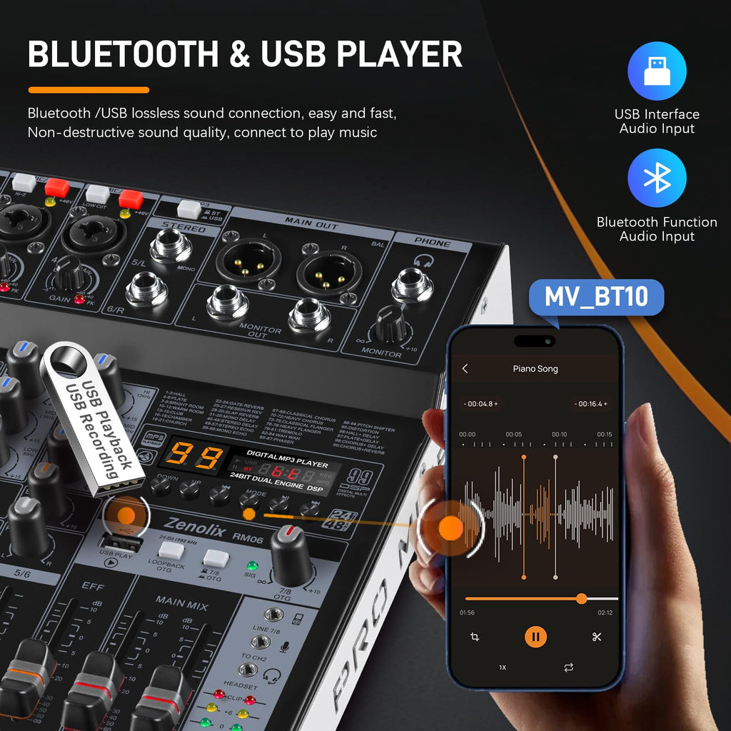 6 Channel Bluetooth Audio Mixer with 2 XLR Inputs T3453
