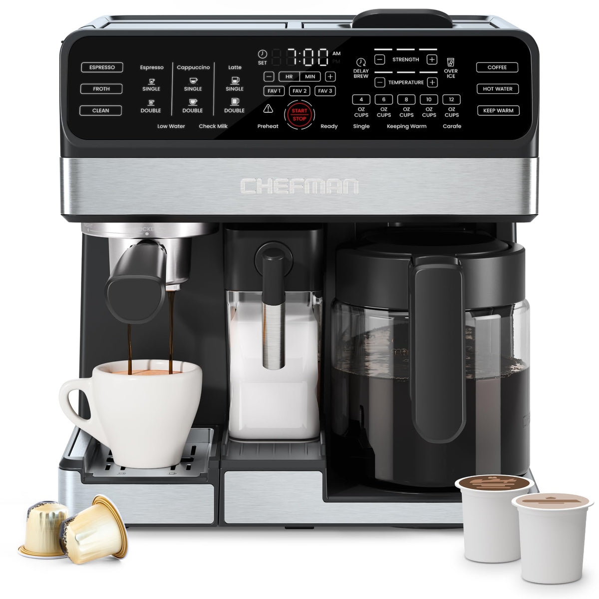 8-in-1 Espresso Machine with Milk Frother, 12-Cup Carafe, Black T2743