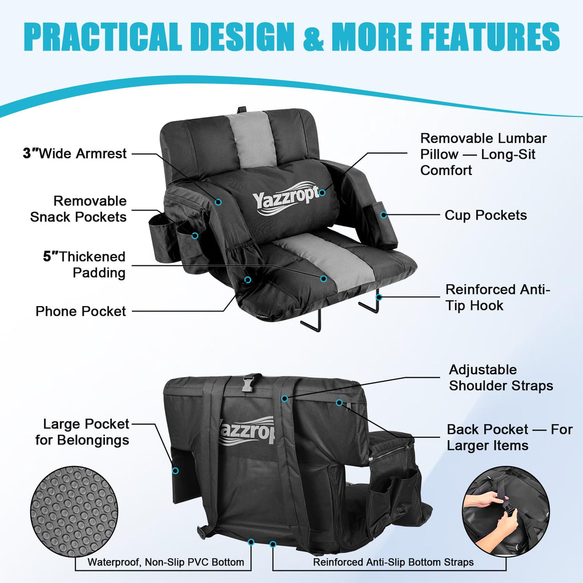 Wide Padded Stadium Seat with Back Support and Cup Holder T514