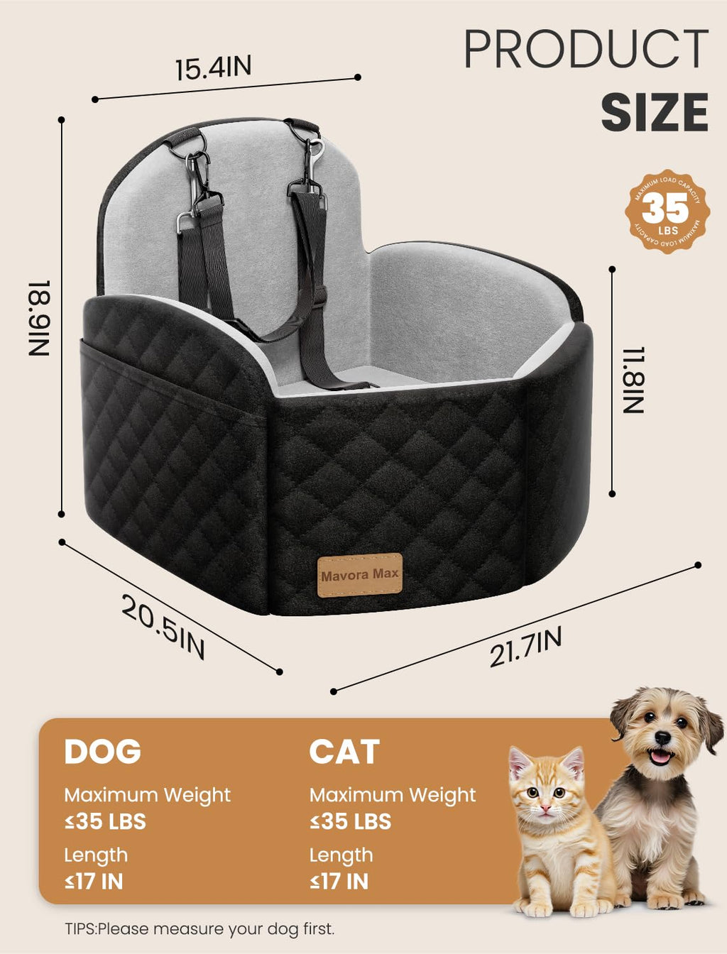 Dog Car Seat for Small/Medium Dogs up to 35lbs, Memory Foam, Grey I1294