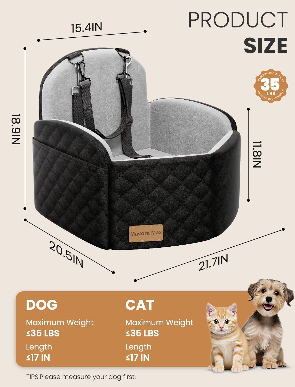 Dog Car Seat for Small/Medium Dogs up to 35lbs, Memory Foam, Grey I1294