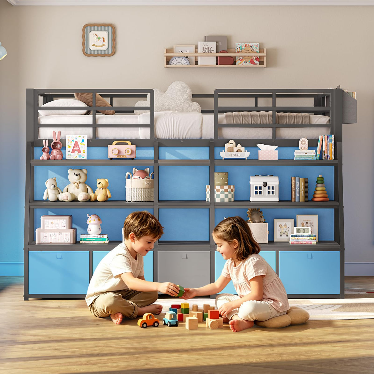 Twin Size Grey Low Loft Bed with 5 Drawers C563