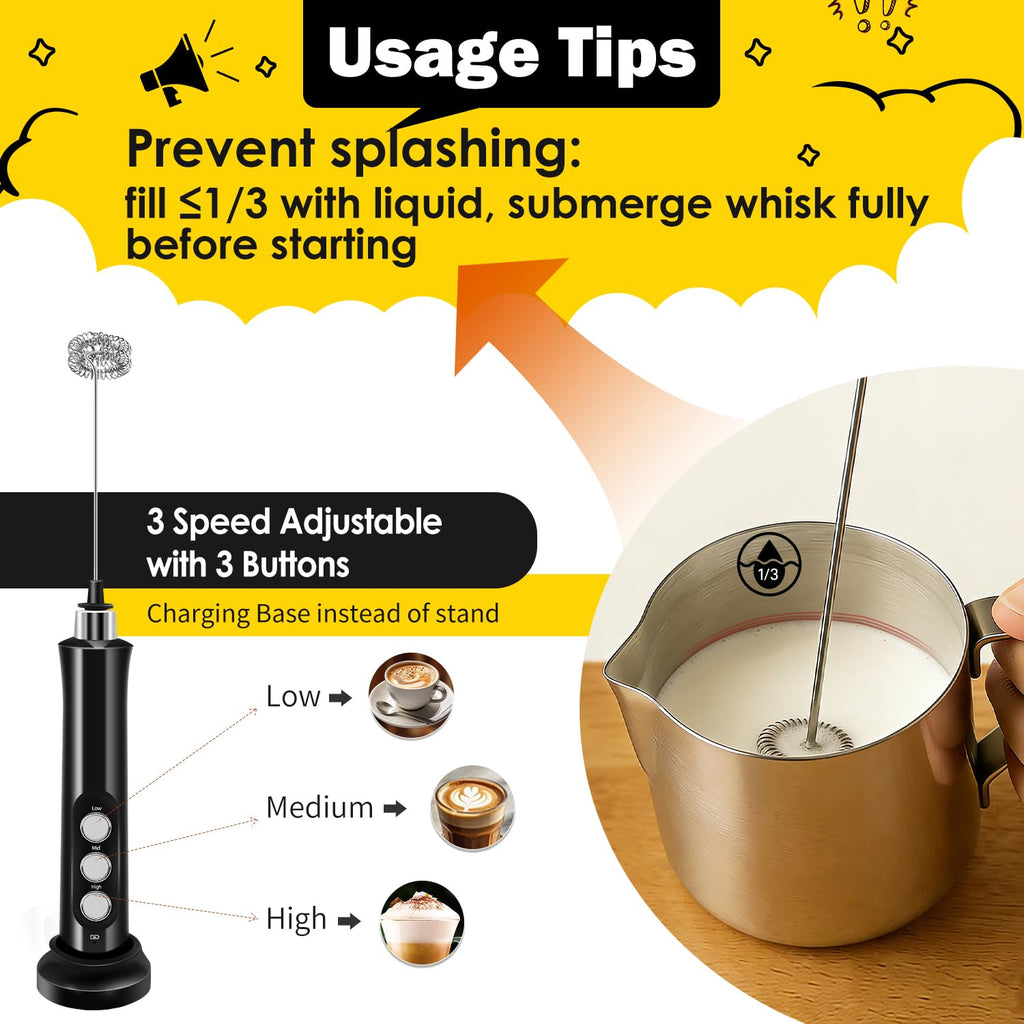 Rechargeable Handheld Milk Frother with 3 Stainless Steel Whisks E80581
