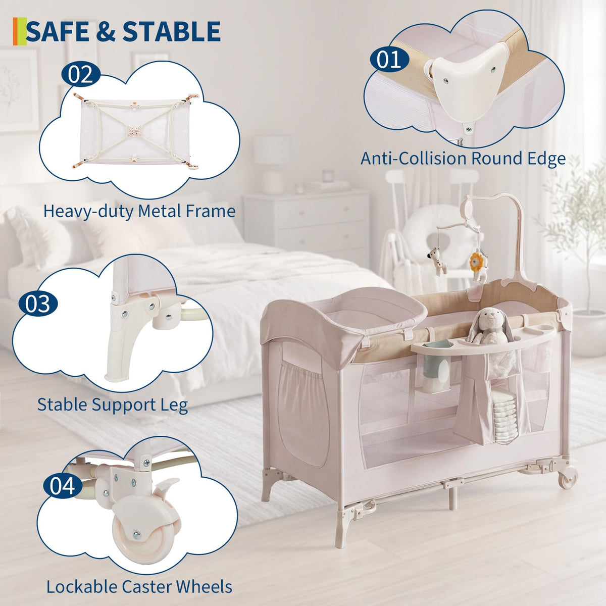 4 in 1 Pack and Play with Bassinet, Changing Table, Playpen and Carry Bag S123