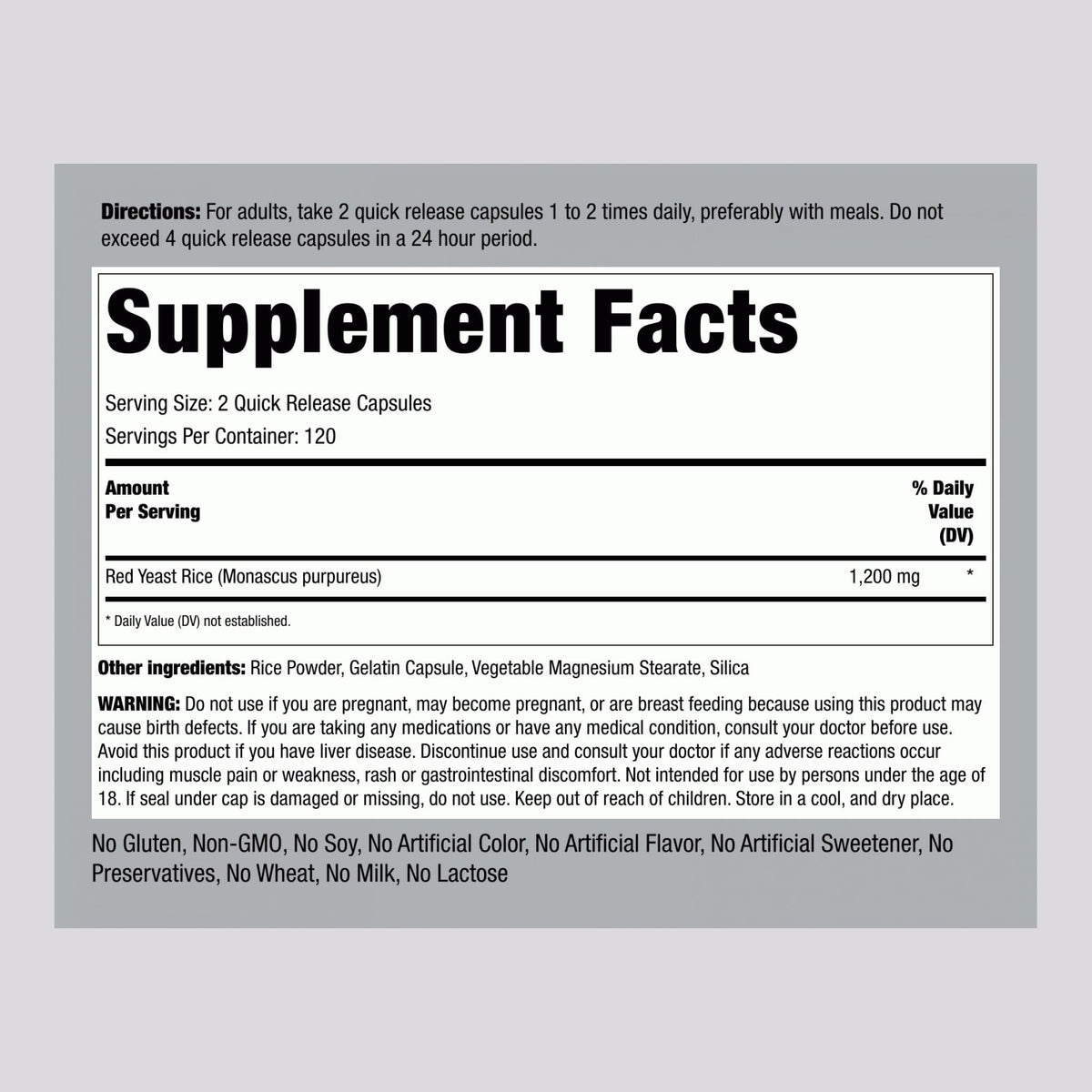 Red Yeast Rice 1200 mg 240 Capsules E7579