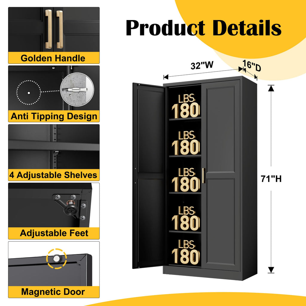 71" Metal Pantry Storage Cabinet with Doors & 4 Adjustable Shelves D930