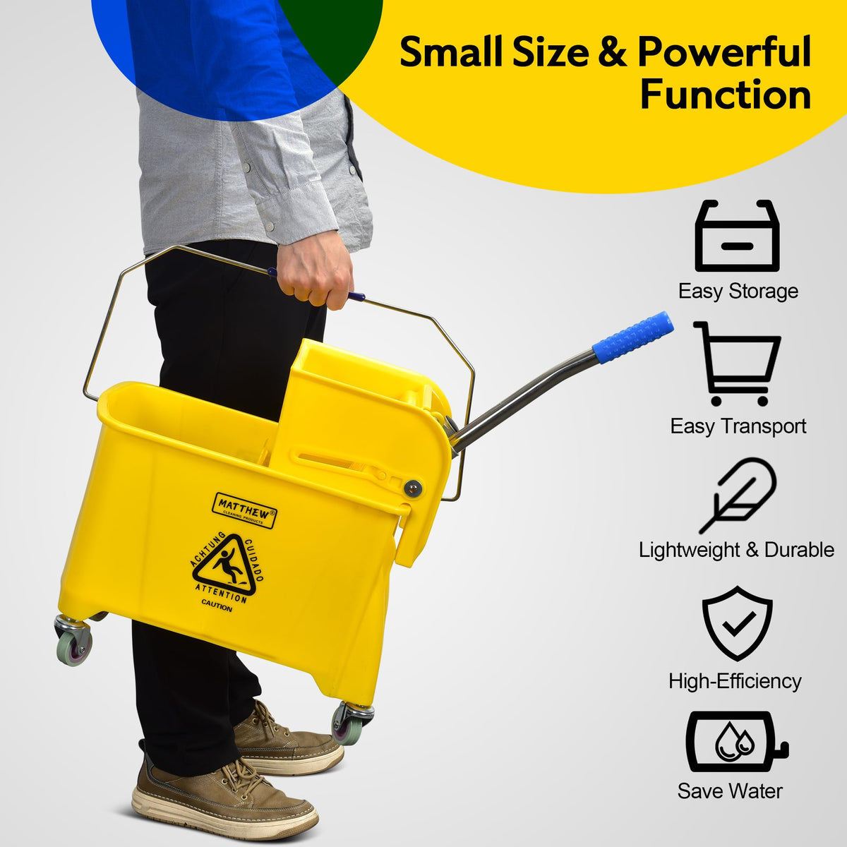 22 Quart Compact Mop Bucket with Side Press Wringer On Wheels U493106